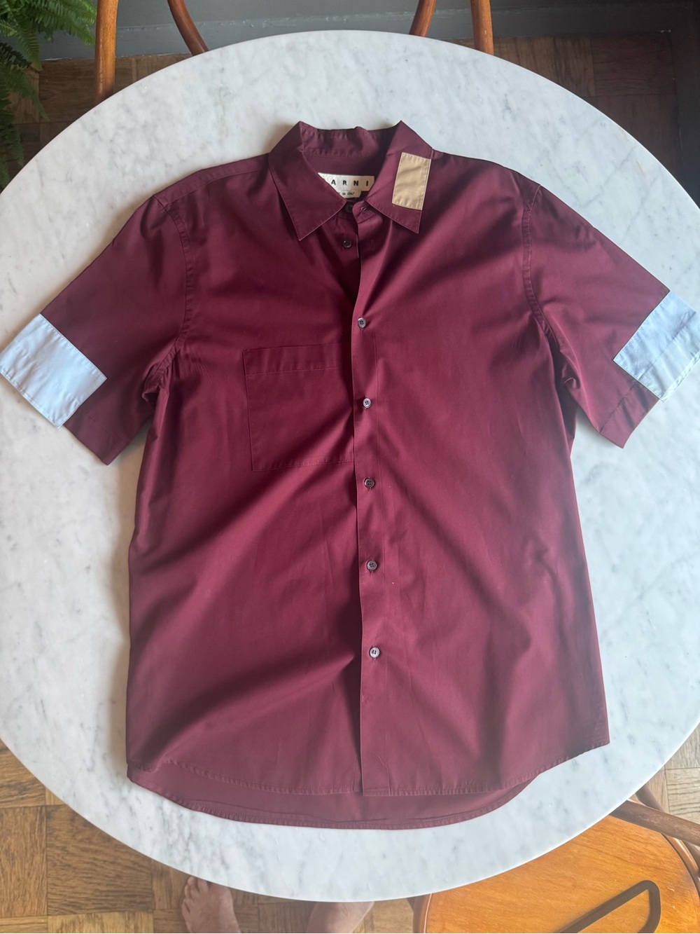 Marni Short Sleeve Button-Down Shirt in Burgundy with Light Blue Sleeve Panels